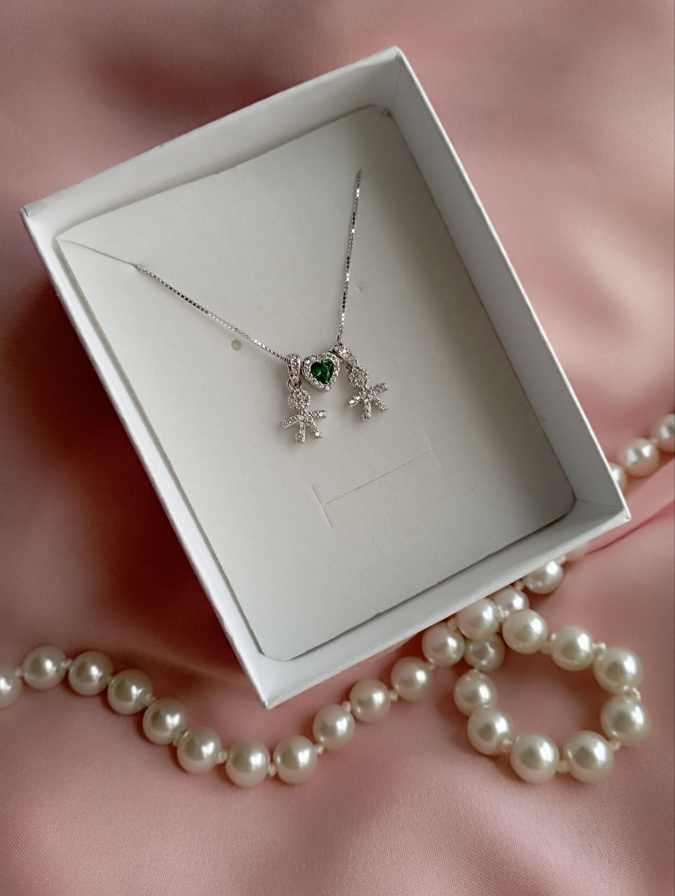 Collana bimbo + cuore verde + bimbo - argento 925