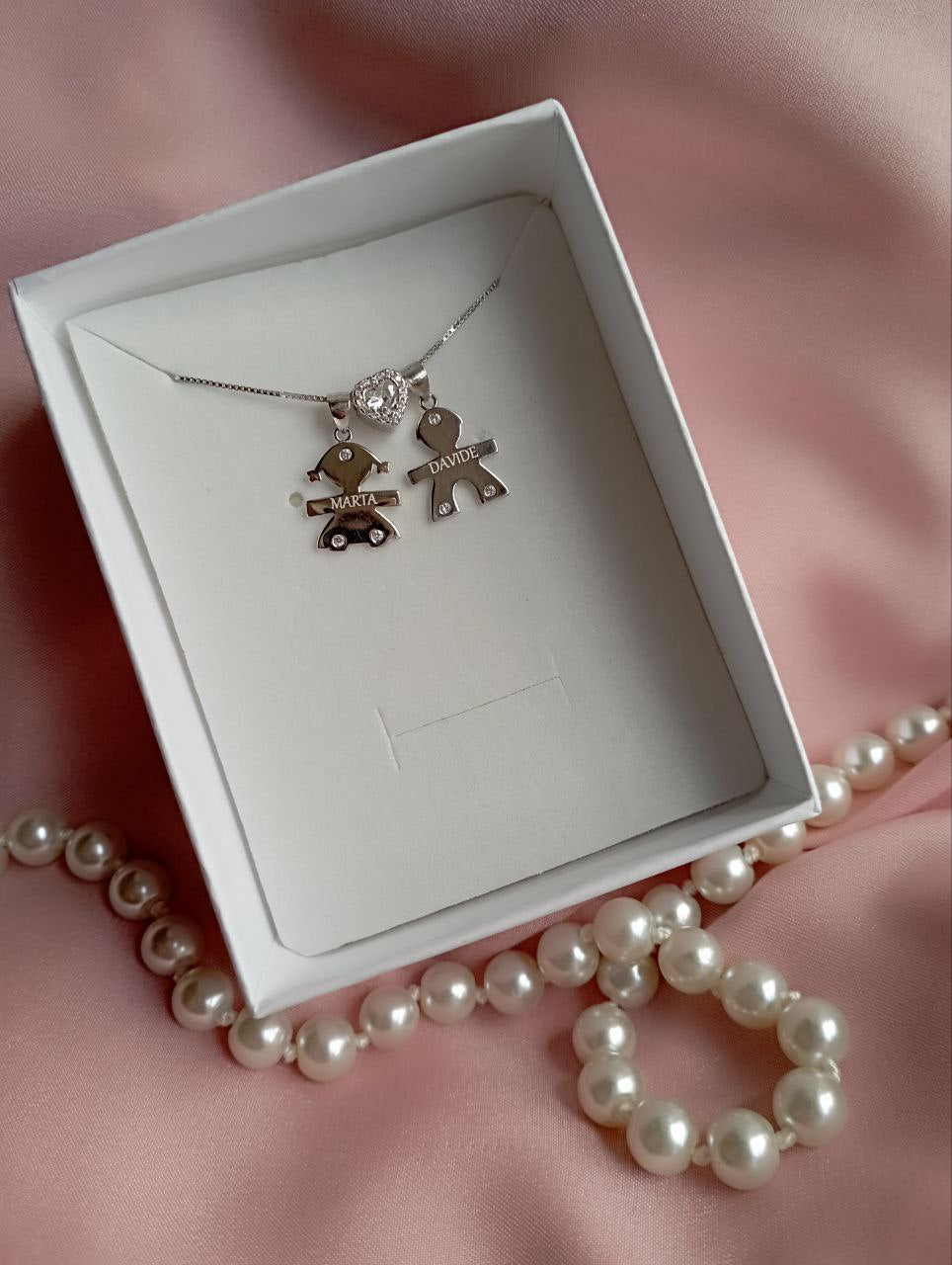 Collana bimba+cuore bianco+bimbo personalizzato - argento 925