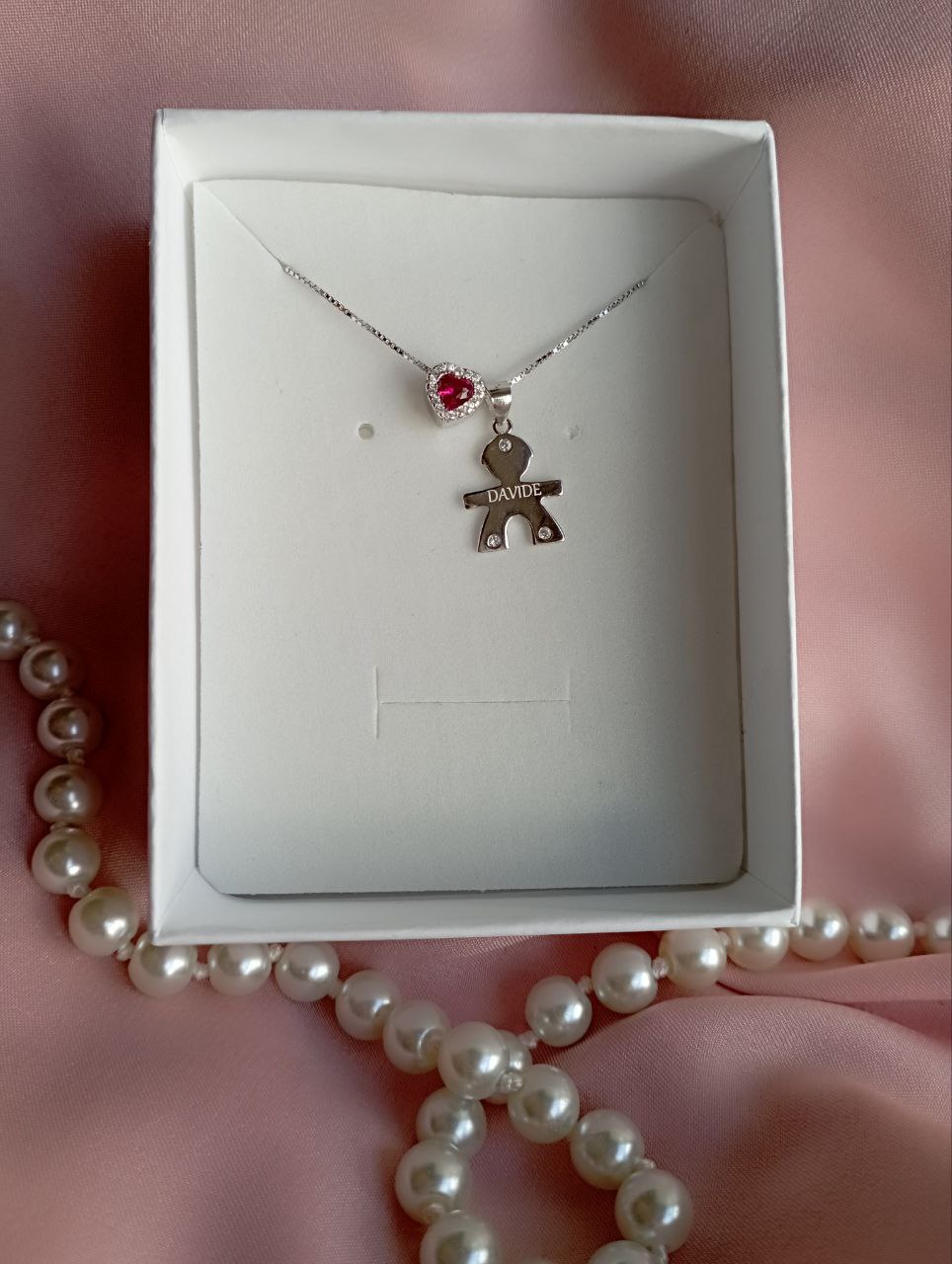Collana cuore fucsia con bimbo personalizzato - argento 925