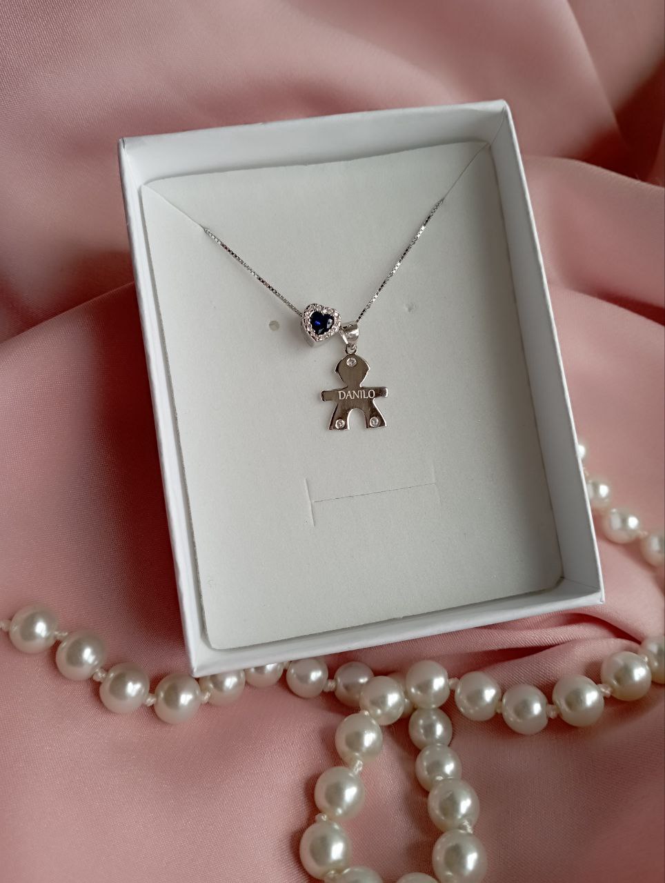 Collana bimbo e cuore blu - argento 925