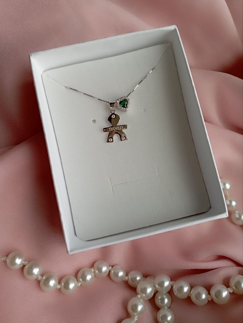 Collana bimbo e cuore verde - argento 925