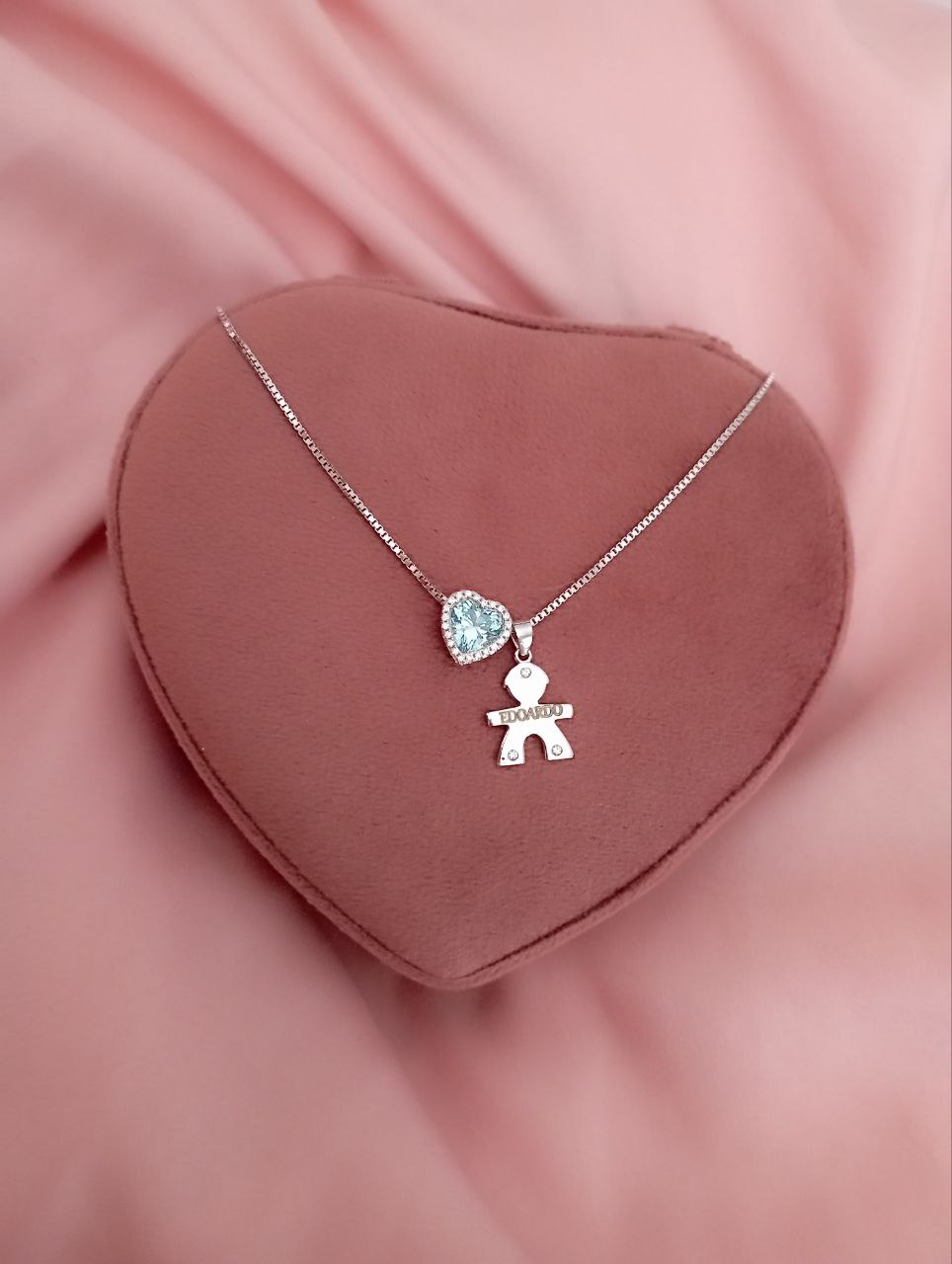 Collana cuore acquamarina passante e ciondolo bimbo personalizzato - argento 925