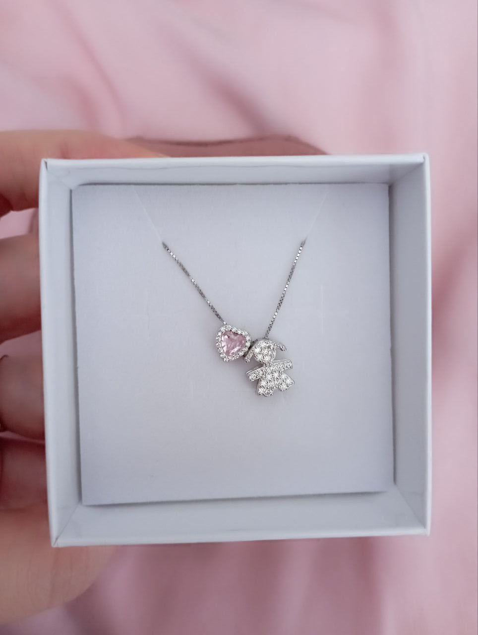 Collana cuore rosa passante e bimba passante - argento 925