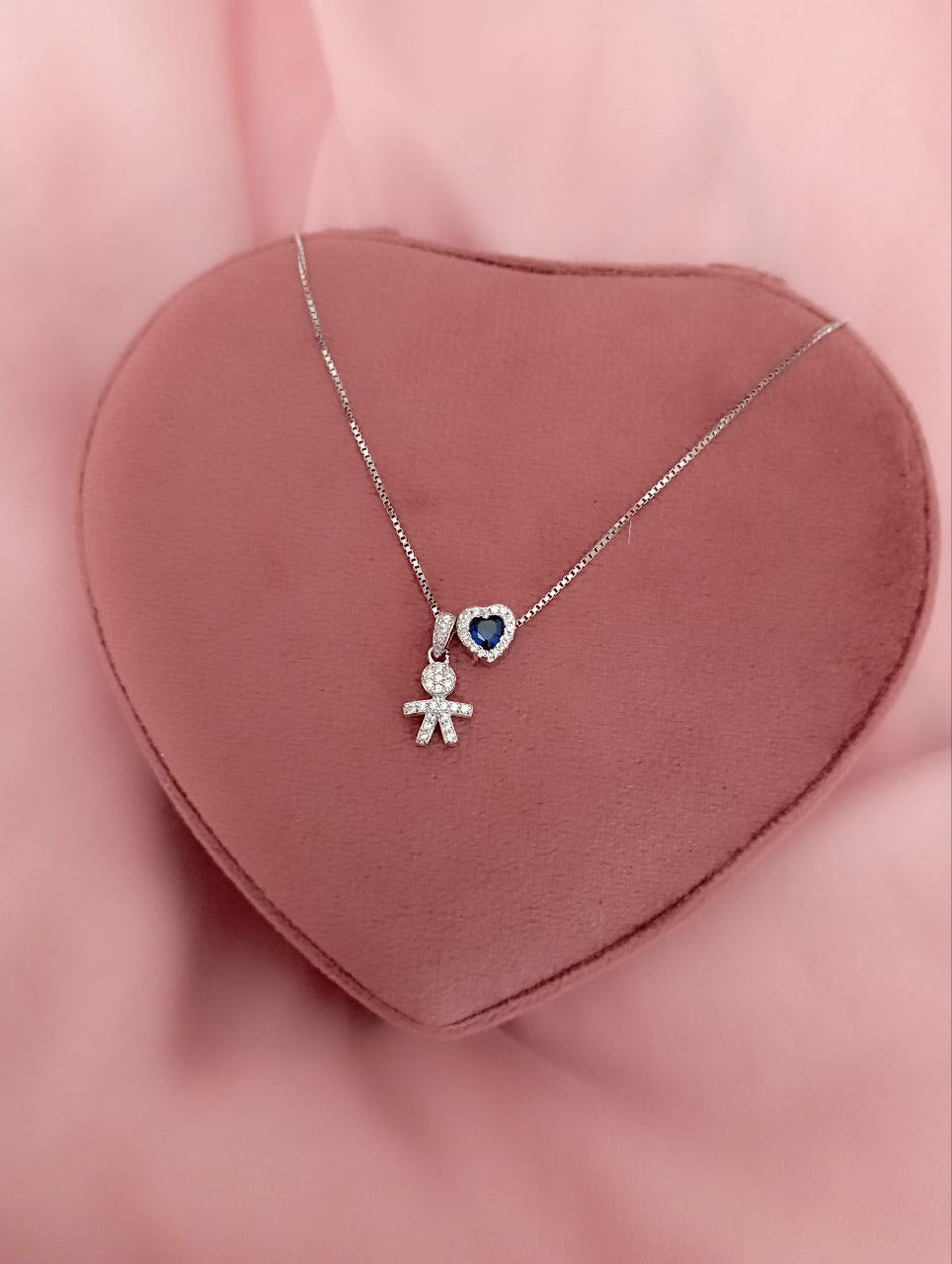 Collana bimbo pendente+cuore blu passante - argento 925