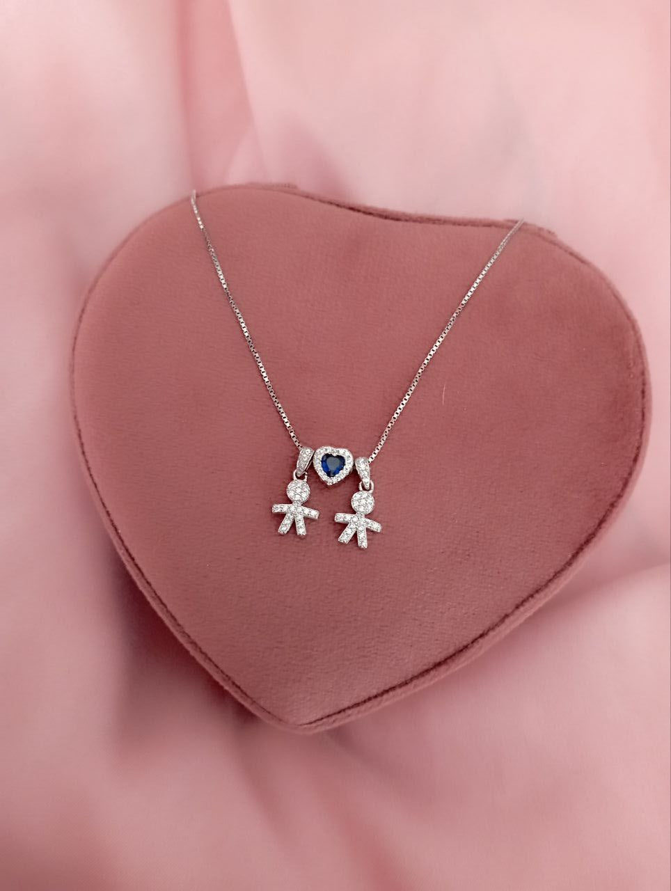 Collana bimbo pendente+cuore blu passante + bimbo pendente - argento 925