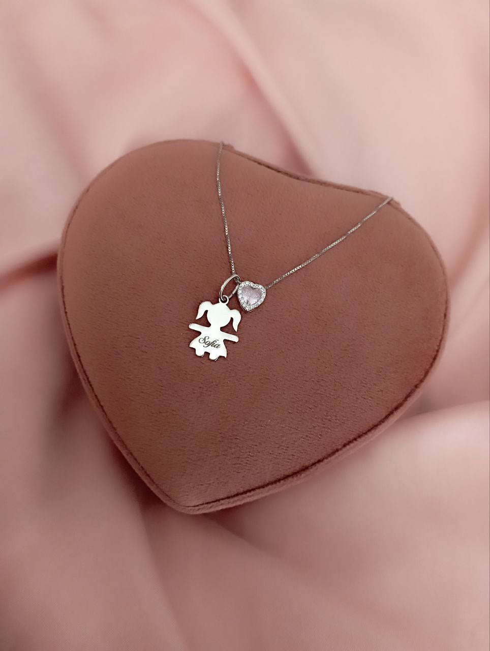 Collana bimba liscia con incisione + cuore rosa passante - argento 925