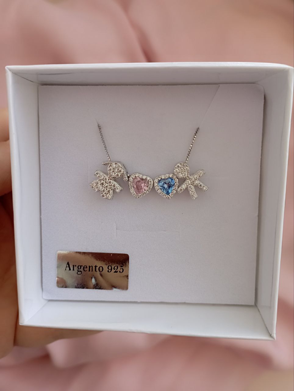 Collana bimbo passante +cuori azzurro e rosa piccolo passante + bimba passante - argento 925