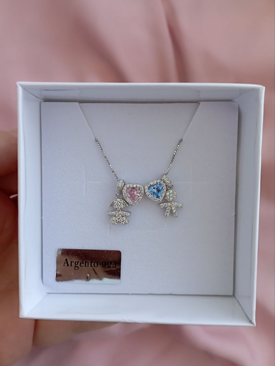 Collana bimbo pendente +cuori azzurro e rosa piccolo passante + bimba pendente- argento 925