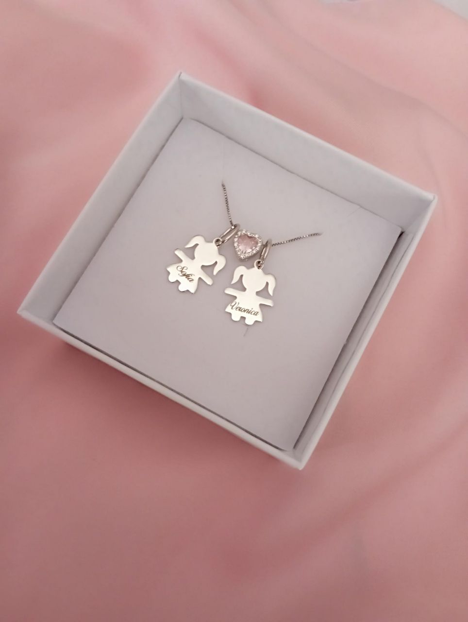 Collana bimba liscia con incisione + cuore rosa passante + bimba liscia con incisione - argento 925