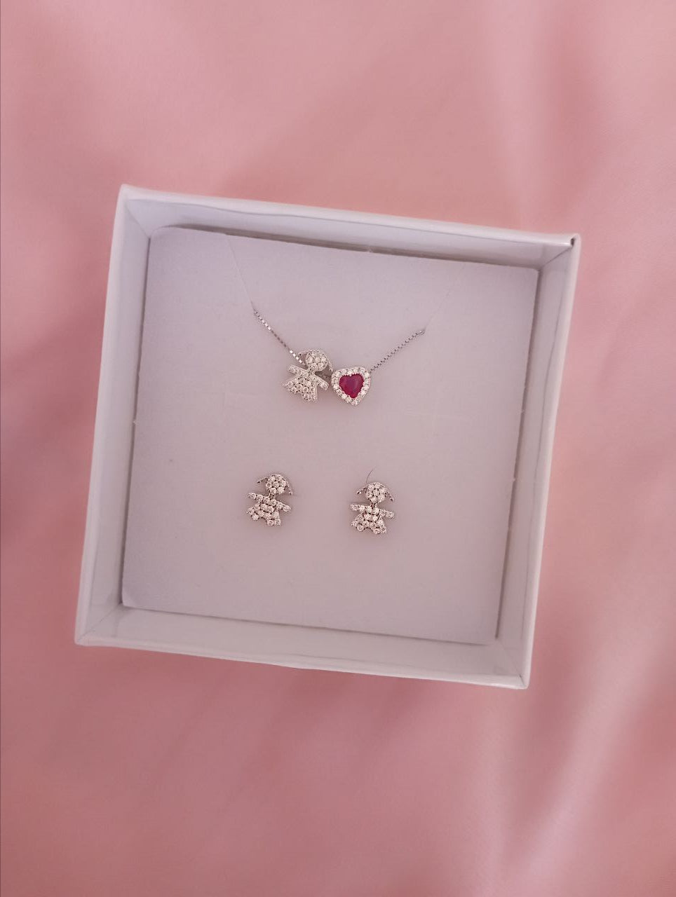 Set con collana bimba con cuore fucsia e orecchini bimba - argento 925