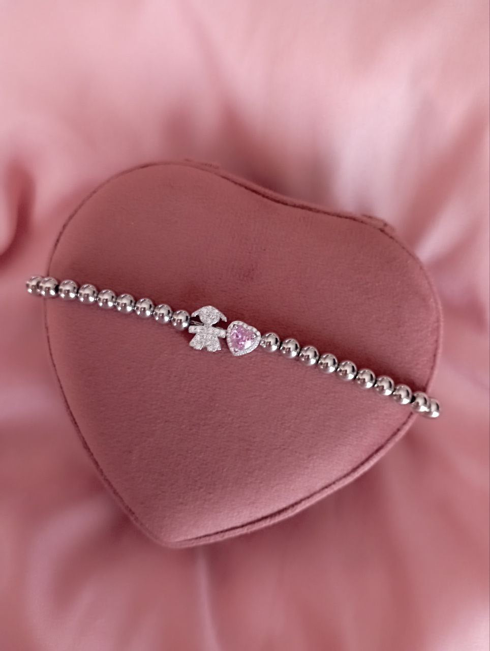 Bracciale perline cuore rosa e bimba passante - argento 925