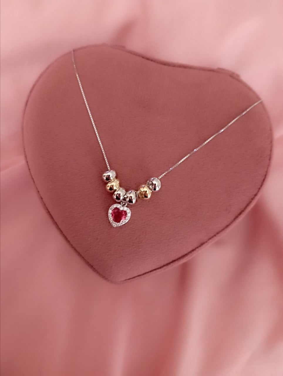Collana cuore rosso e perline - argento 925 mix gold e silver