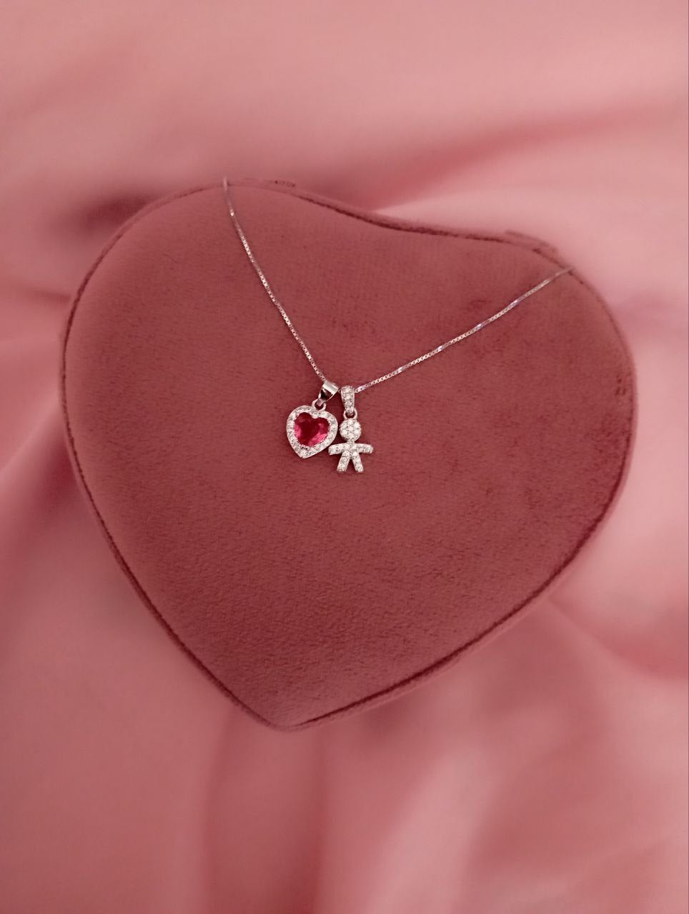 Collana bimbo e cuore rosso pendente - argento 925