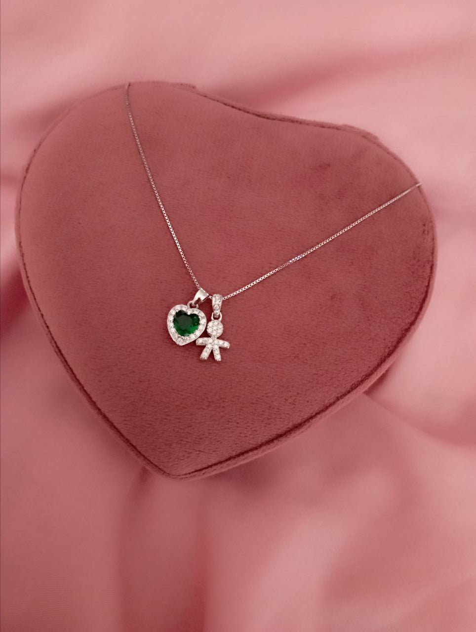 Collana bimbo e cuore verde pendente - argento 925