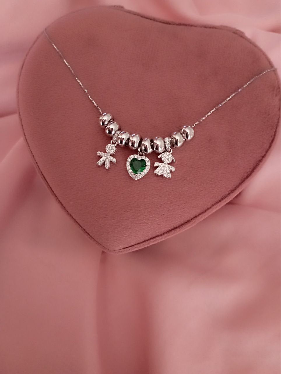 Collana bimbo cuore verde bimba pendenti con ciambelline - argento 925