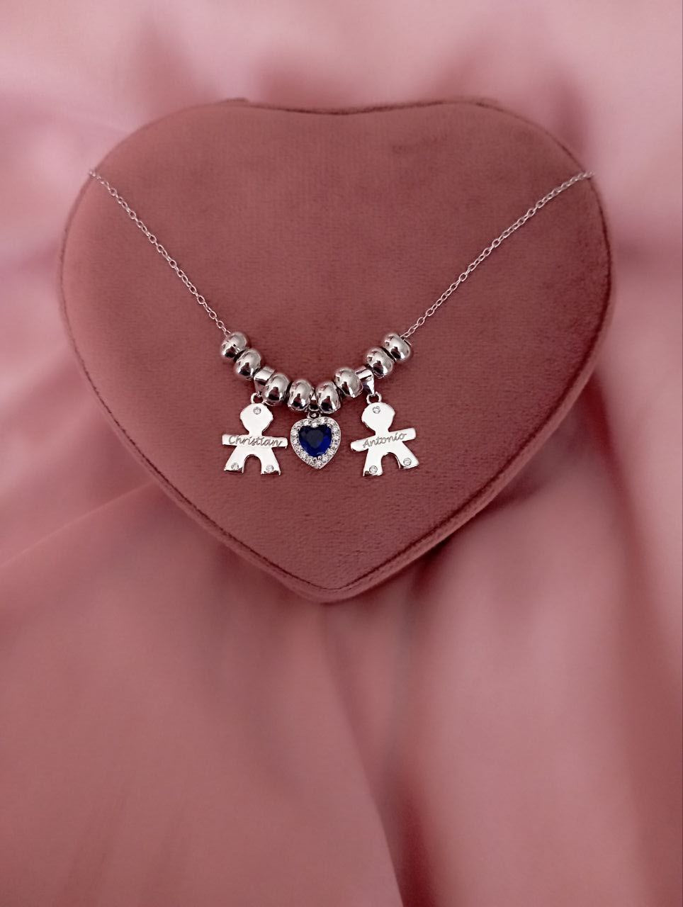 Collana con due bimbi personalizzati e cuore centrale pendente - argento 925