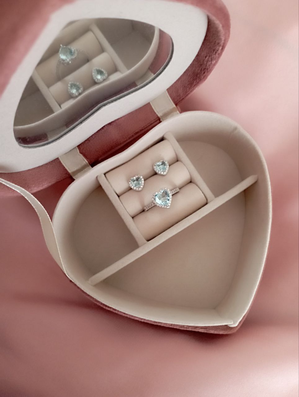 Set con orecchini cuore acquamarina e anello cuore acquamarina - argento 925