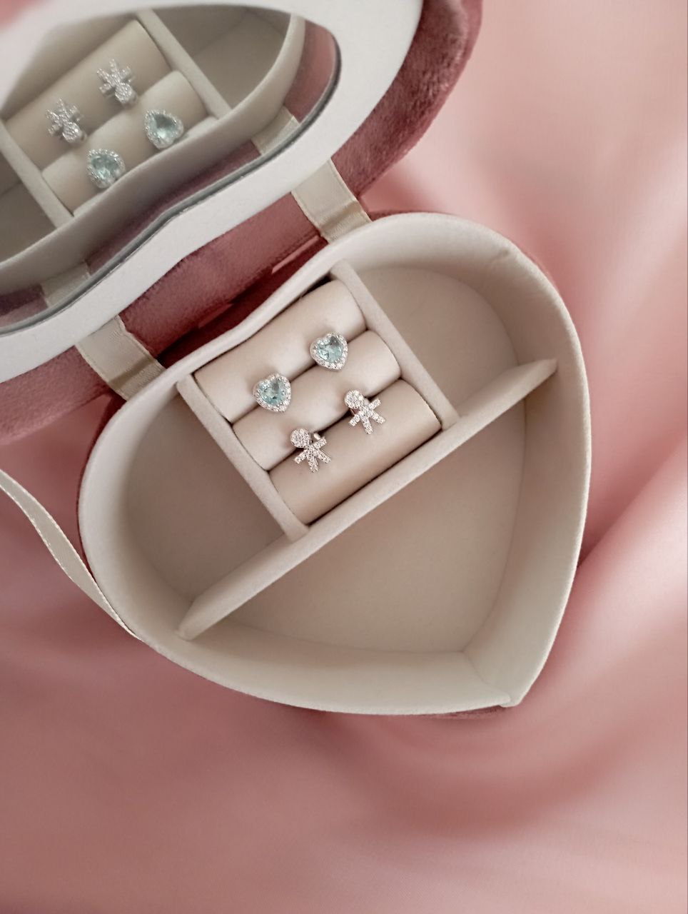 Set con orecchini bimbo e orecchini cuori acquamarina - argento 925