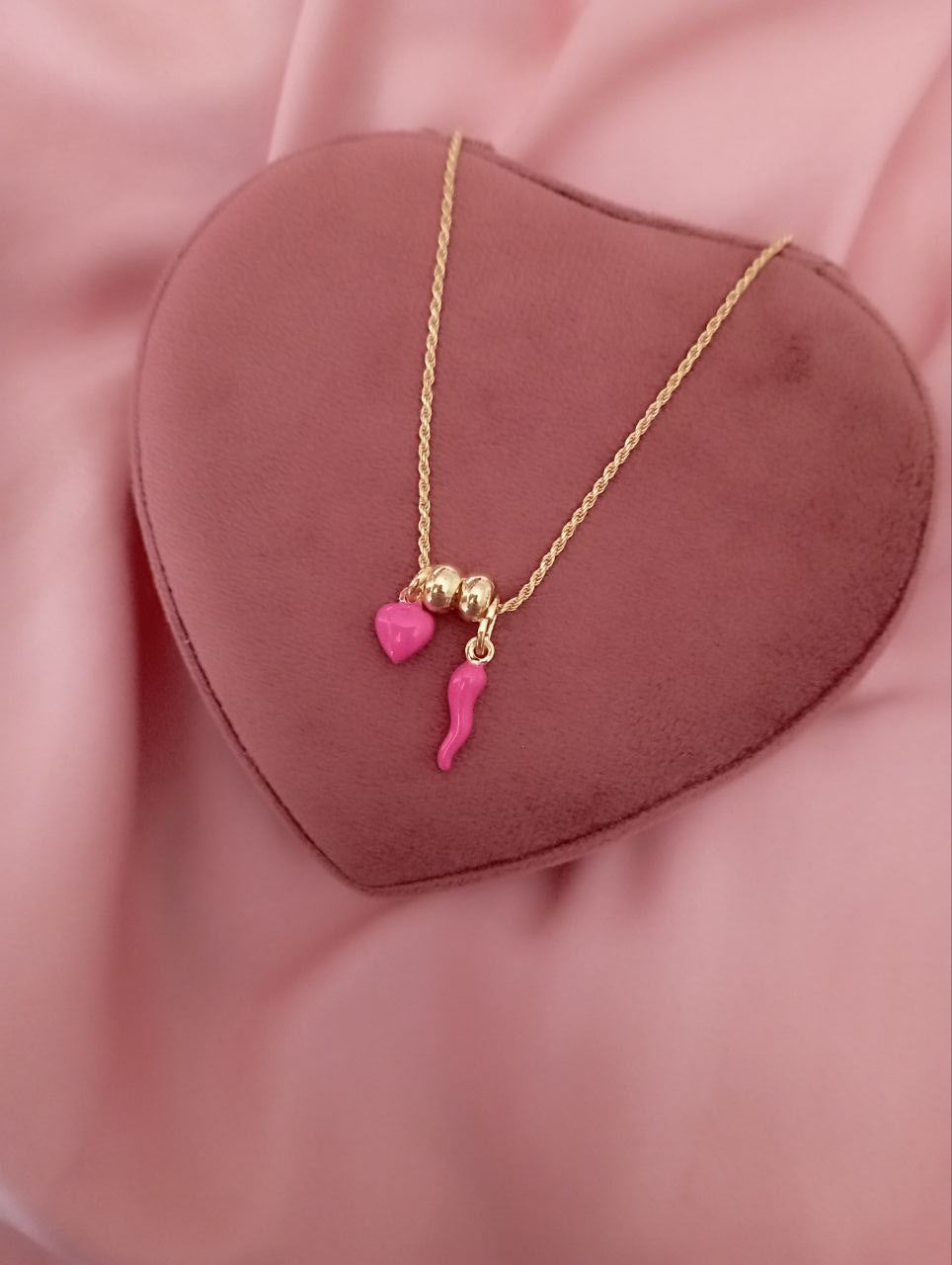 Collana torchon gold con corno e cuore e perlina - argento 925 gold