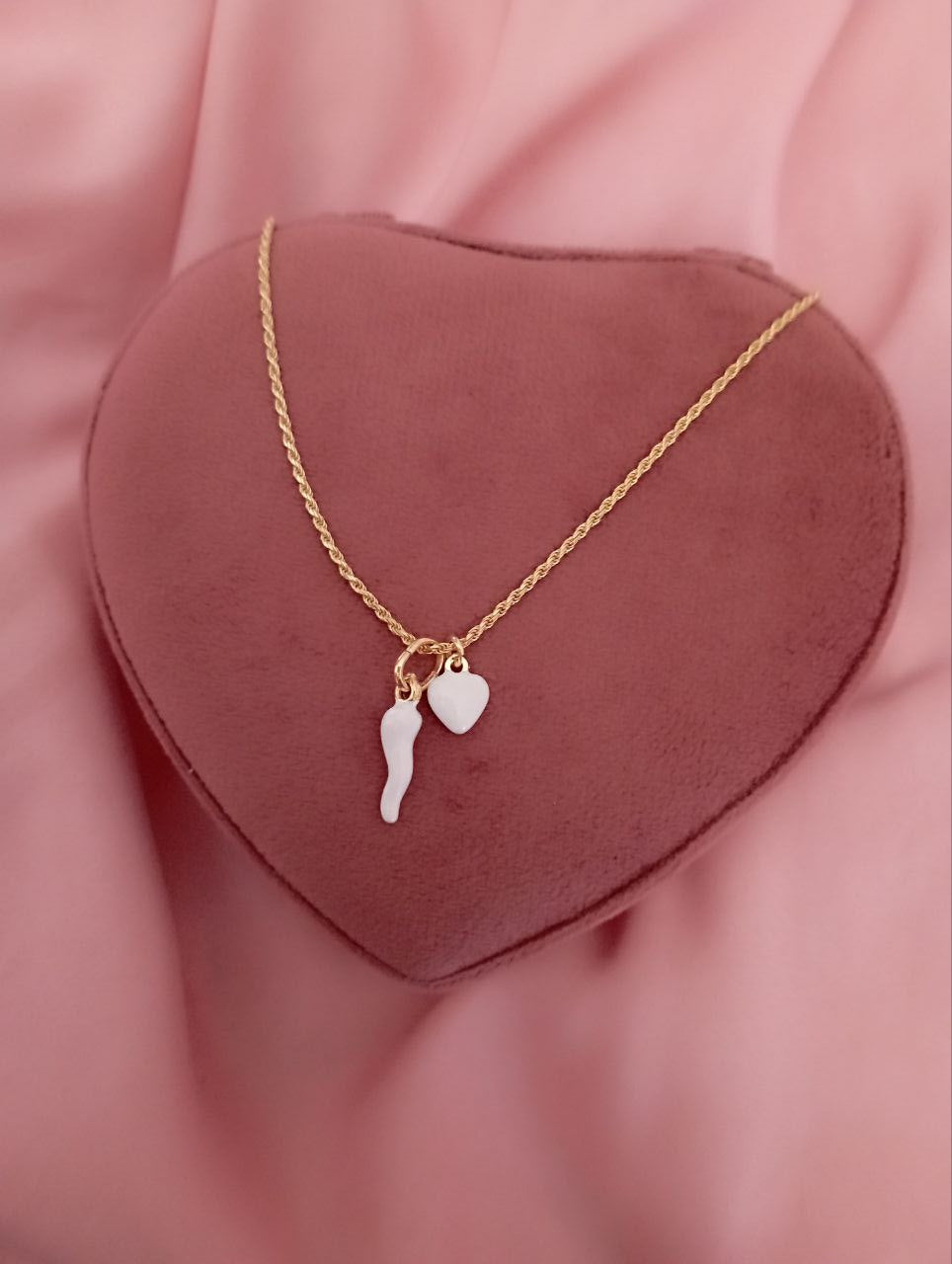 Collana torchon gold con corno e cuore bianco - argento 925 gold