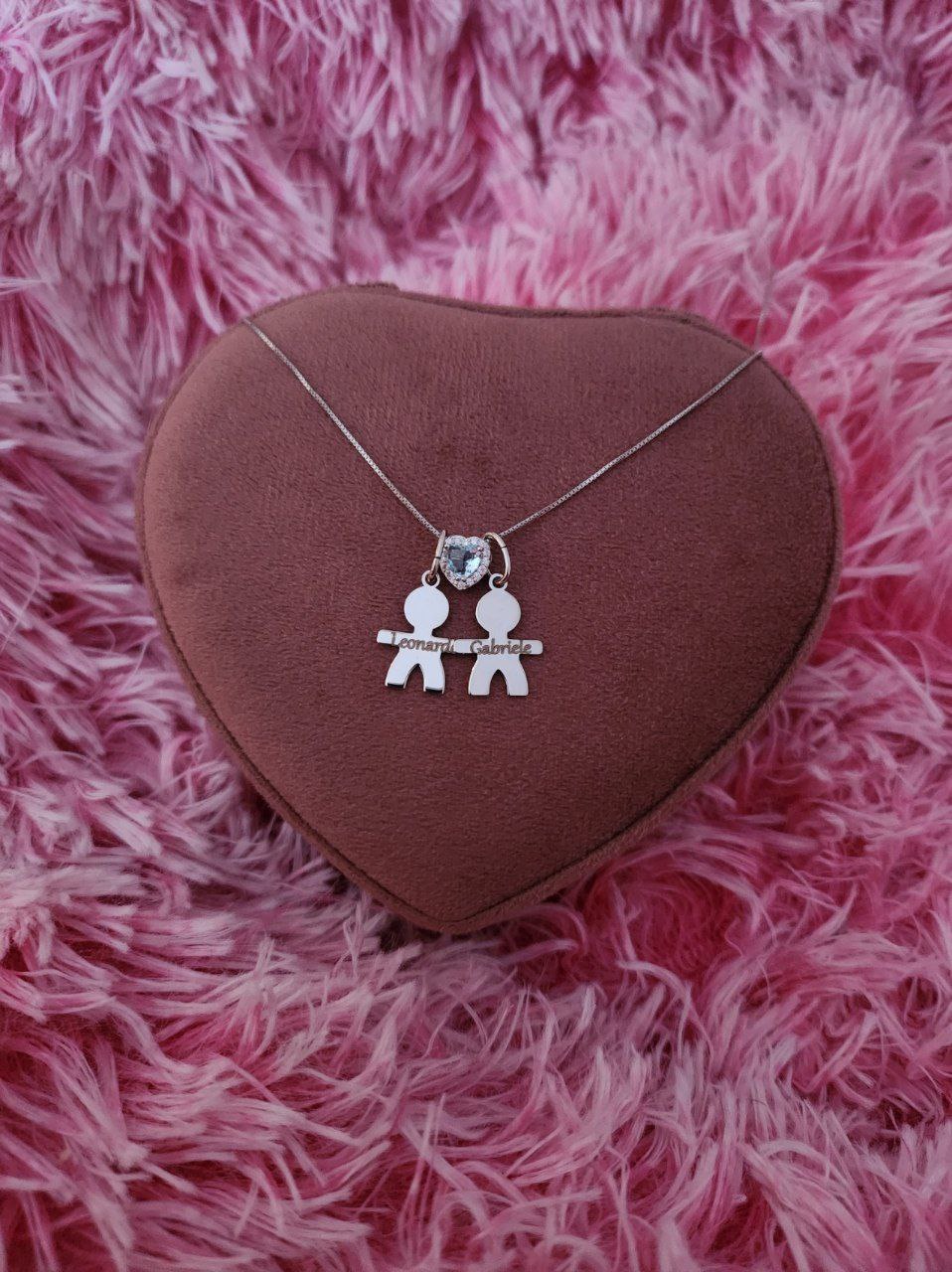 Collana con bimbi personalizzati e cuore acquamarina - argento 925