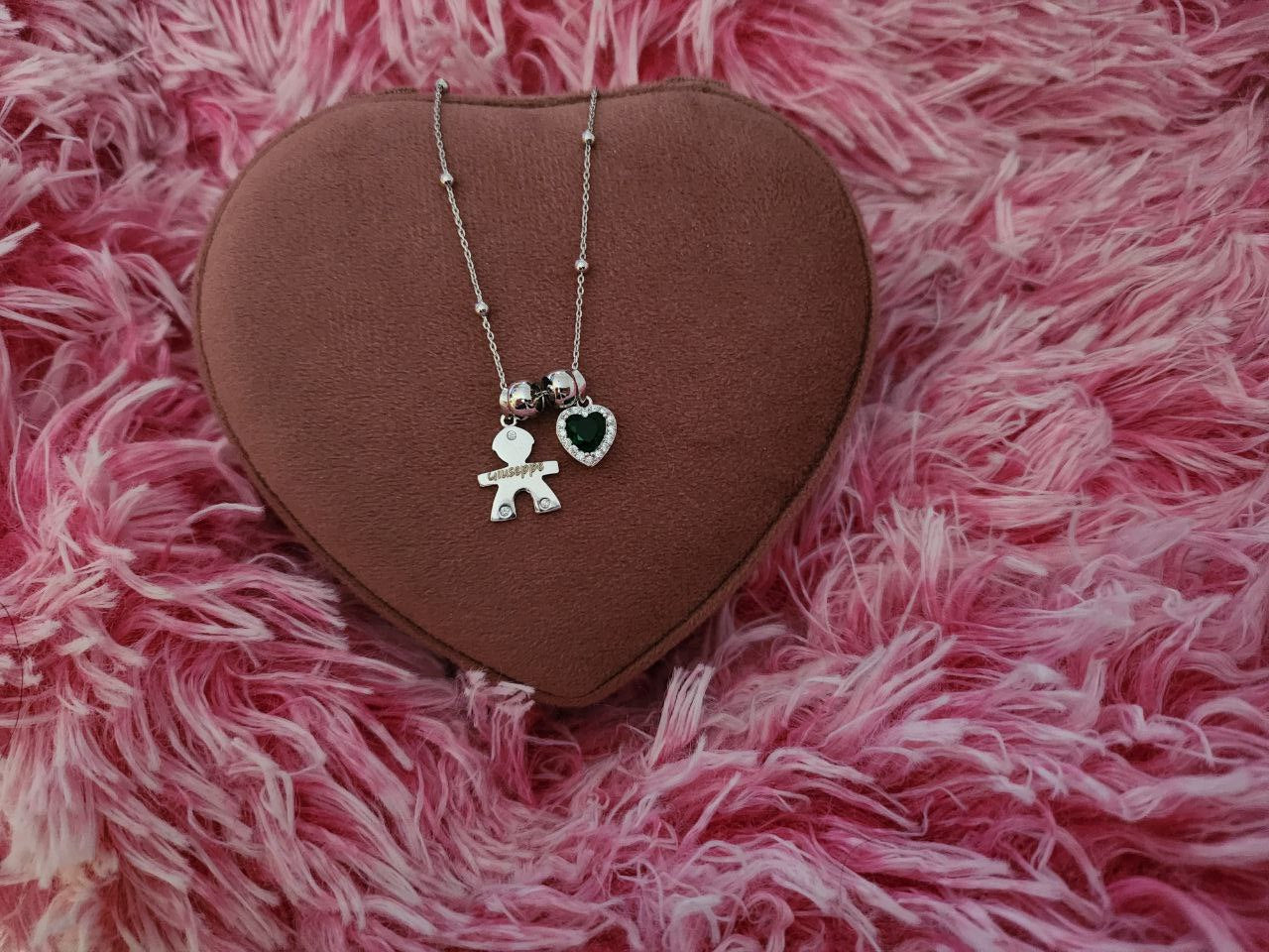 Collana con bimbo personalizzata ,ciambelline e cuore - argento 925