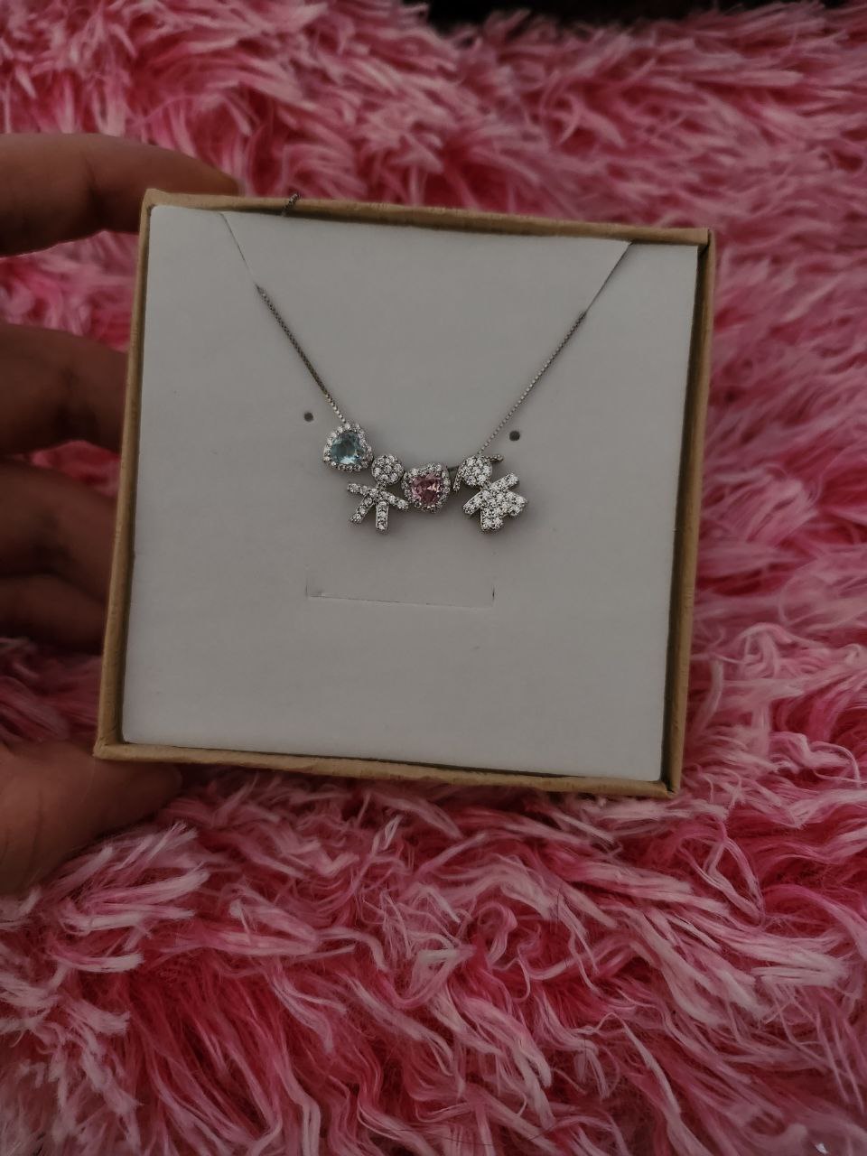 Collana 2 bimbi e cuori acquamarina e rosa - argento 925