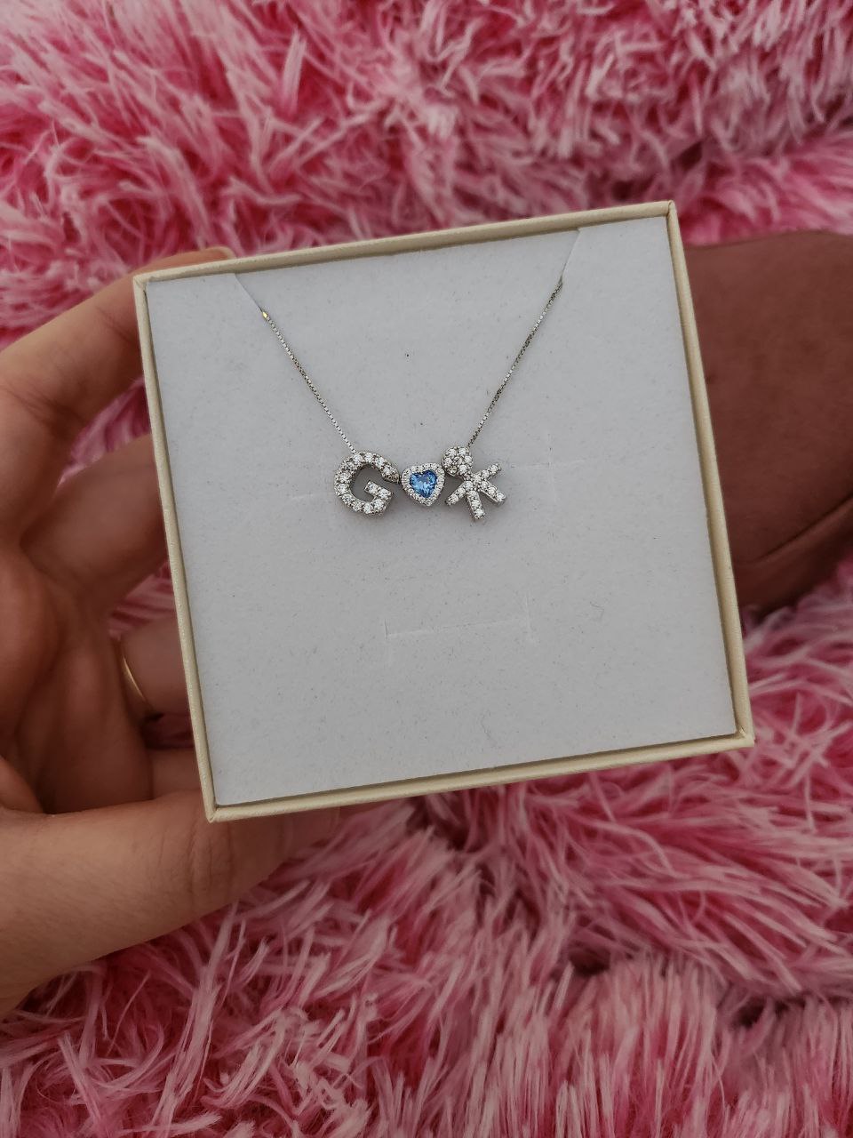 Collana con iniziale ,cuore azzurro e bimbo passanti - argento 925