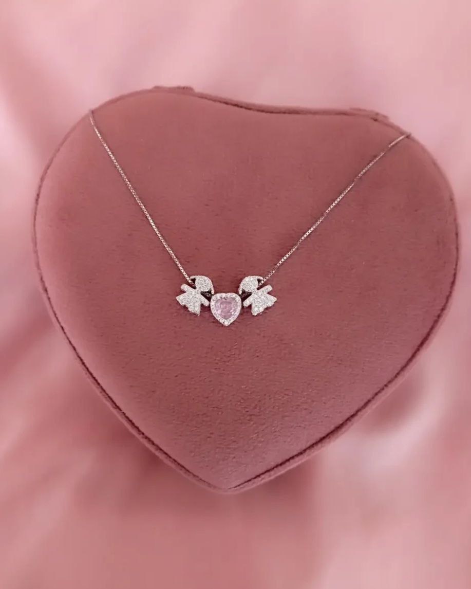 Collana con due bimbe femmine e cuore rosa passanti - argento 925