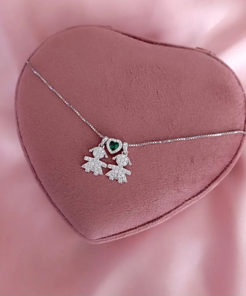Collana con due bimbe e cuore verde - argento 925