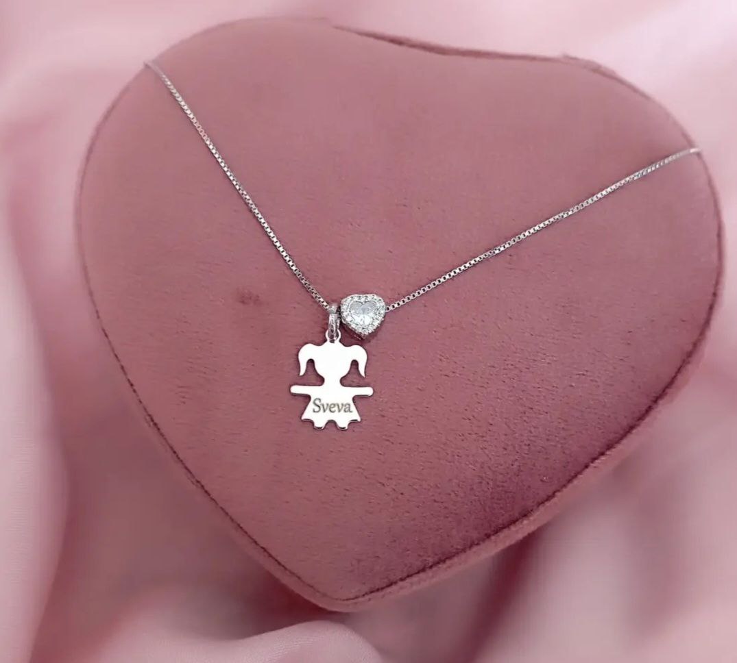 Collana con bimba personalizzata e cuore rosa - argento 925