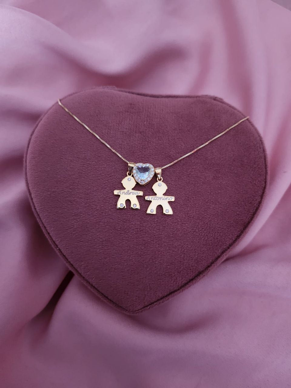 Collana con bimbi personalizzati e cuore acquamarina - argento 925 gold