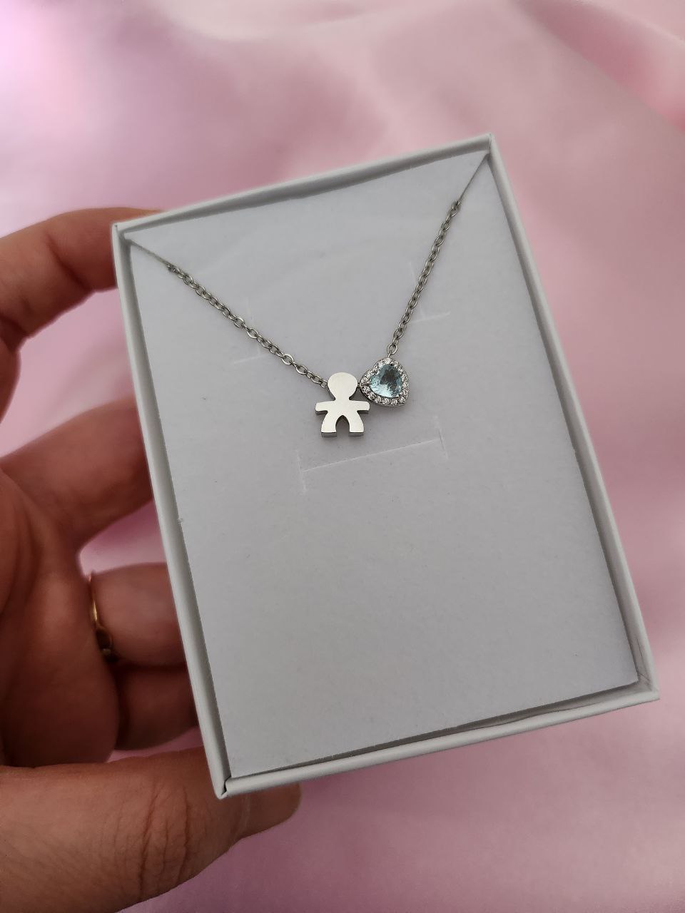 Collana bebé maschio con cuore acquamarina