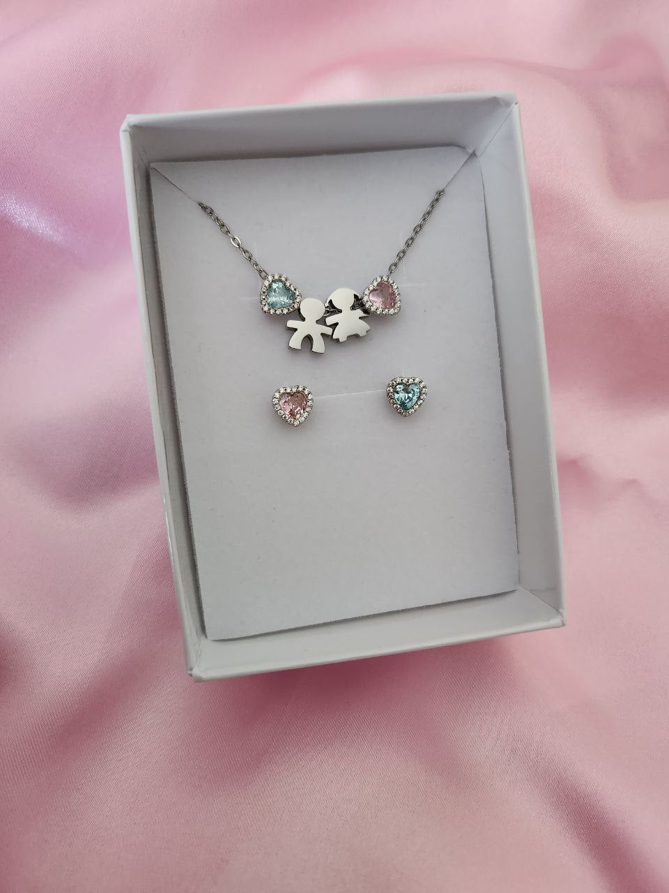 Collana con cuore acquamarina-bimbo-bimba-cuore rosa + orecchini