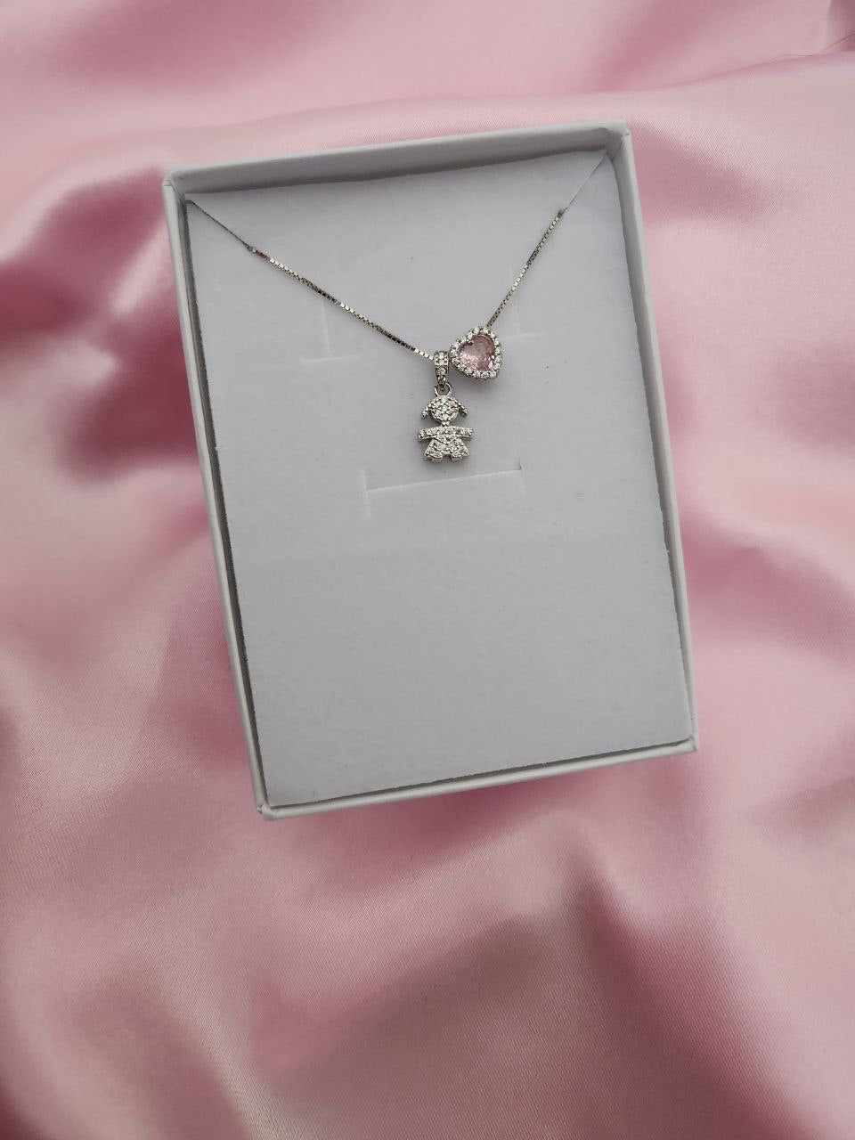 Collana con bimba pendente- cuore rosa - argento 925