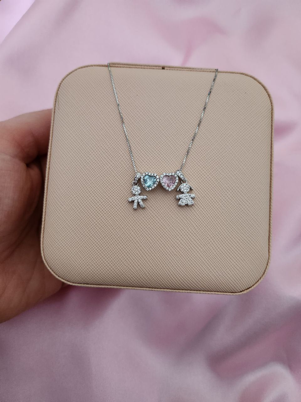 Collana con bimbo- cuore acquamarina-cuore rosa - bimba - argento 925