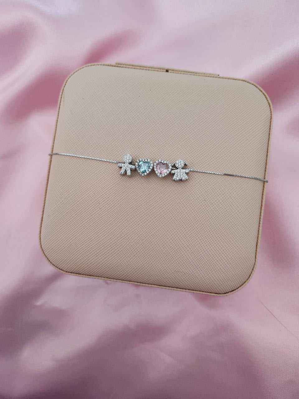 Bracciale veneziana con due bimbi e due cuori colorati - argento 925