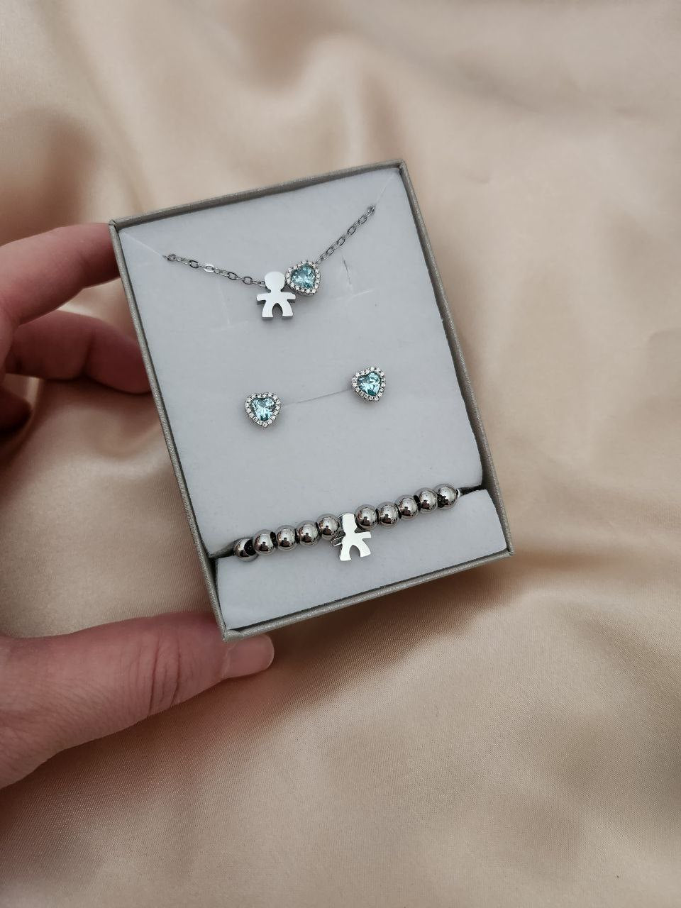 SET: collana bimbo con cuore acquamarina + orecchini + braccial bimbo
