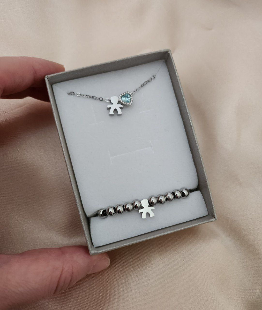 SET: collana bimbo con cuore acquamarina + bracciale bimbo