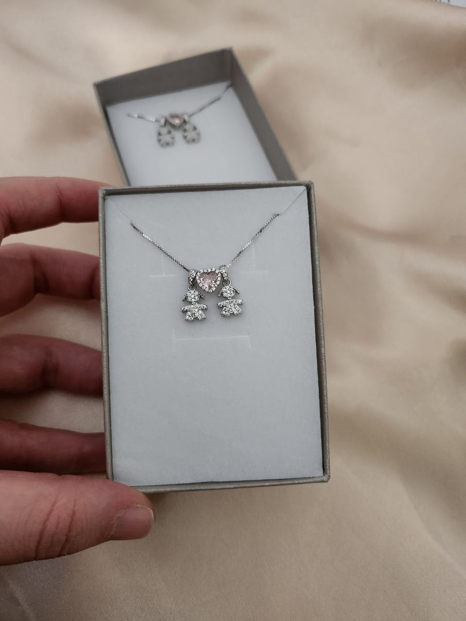 Collana con due bimbe pendenti e cuore rosa - argento 925