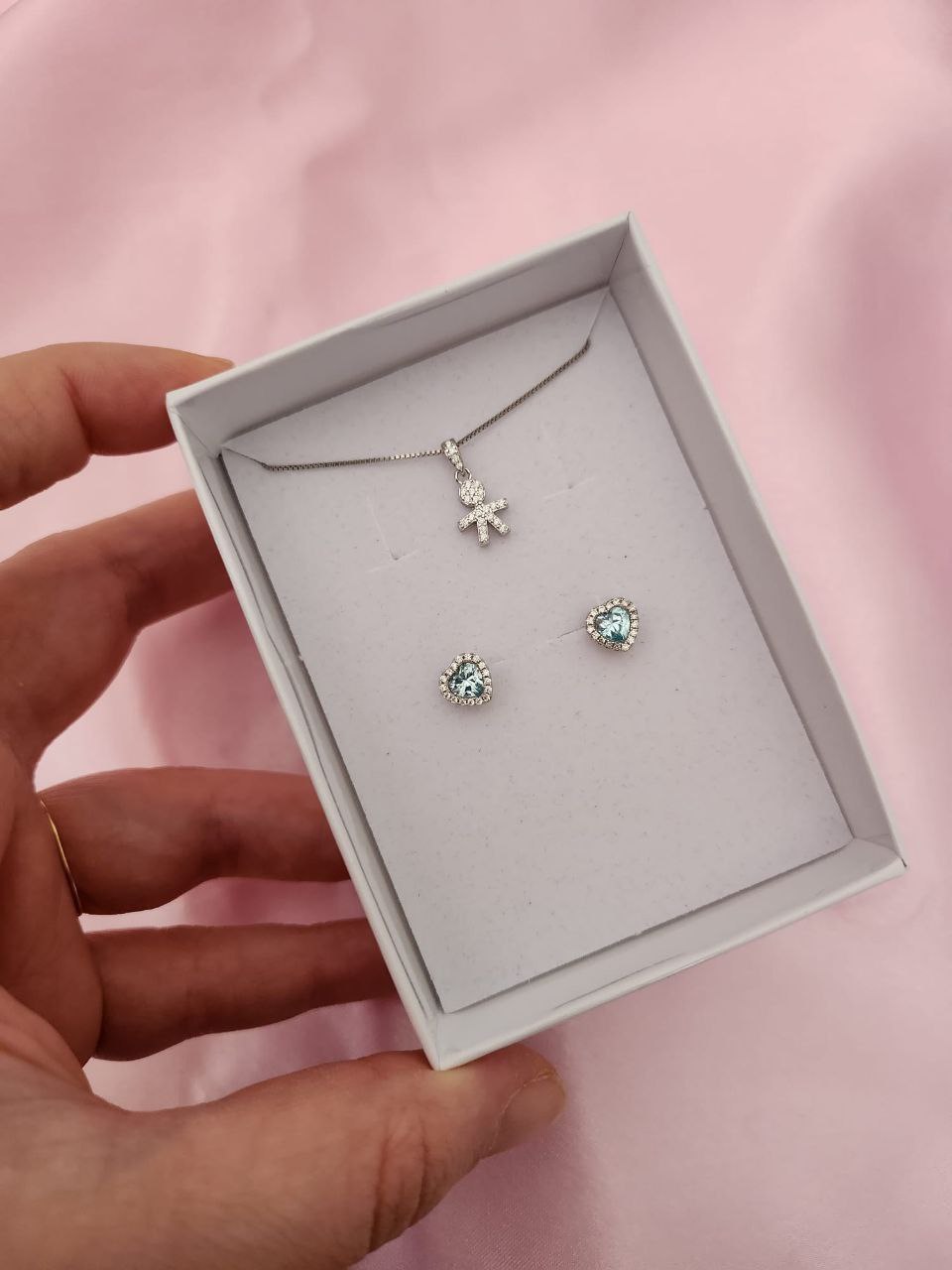Set:collana con bimbo e orecchini cuore acquamarina- argento 925
