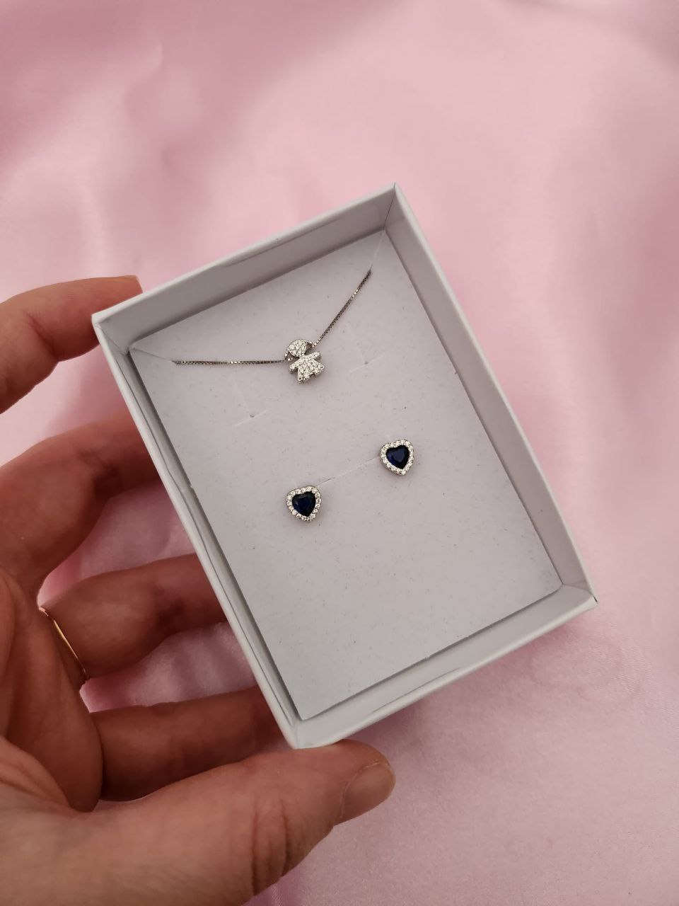 Set: collana bimba passante e orecchini cuore blu - argento 925