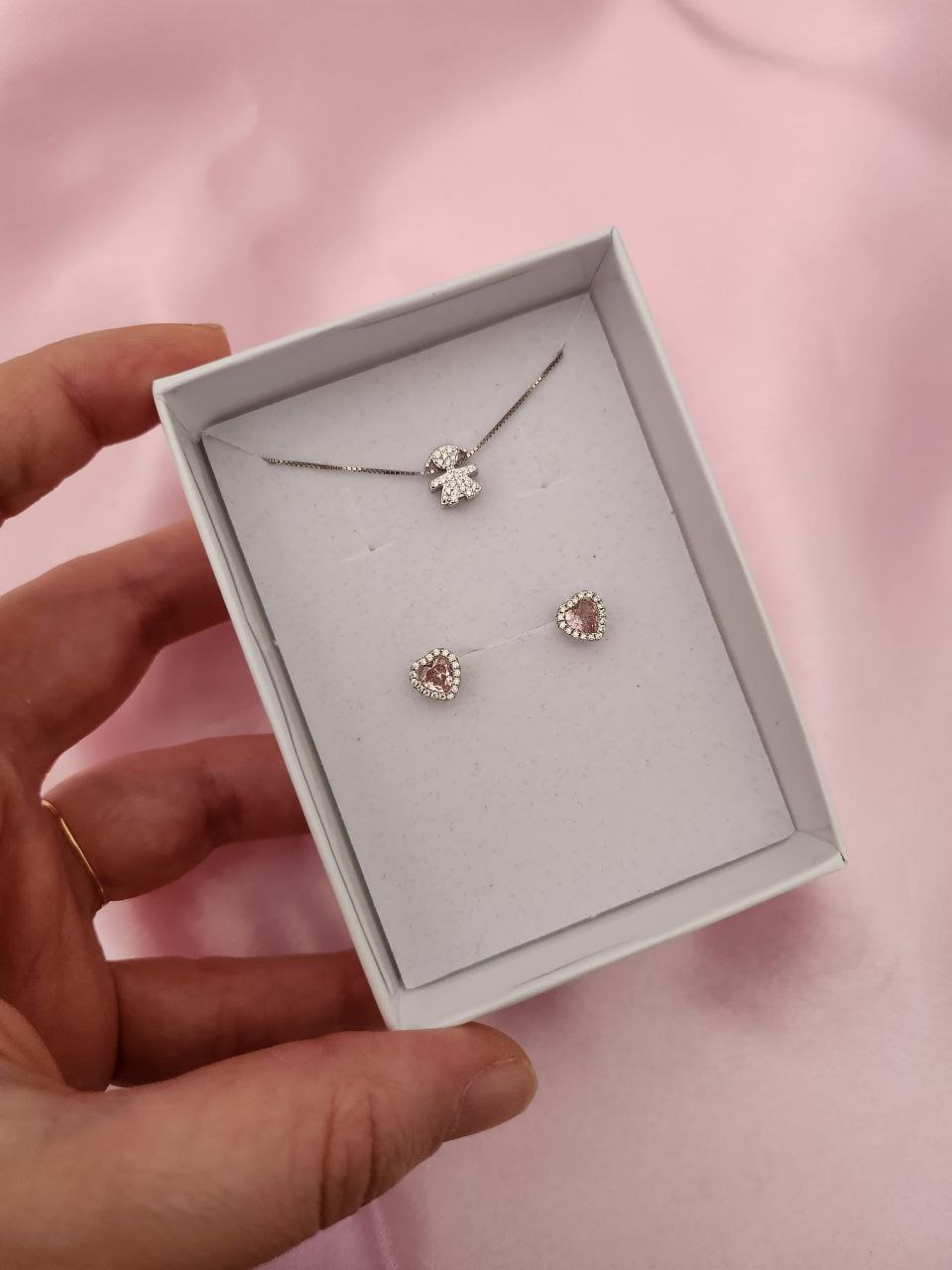 Set: collana bimba passante e orecchini cuore rosa - argento 925