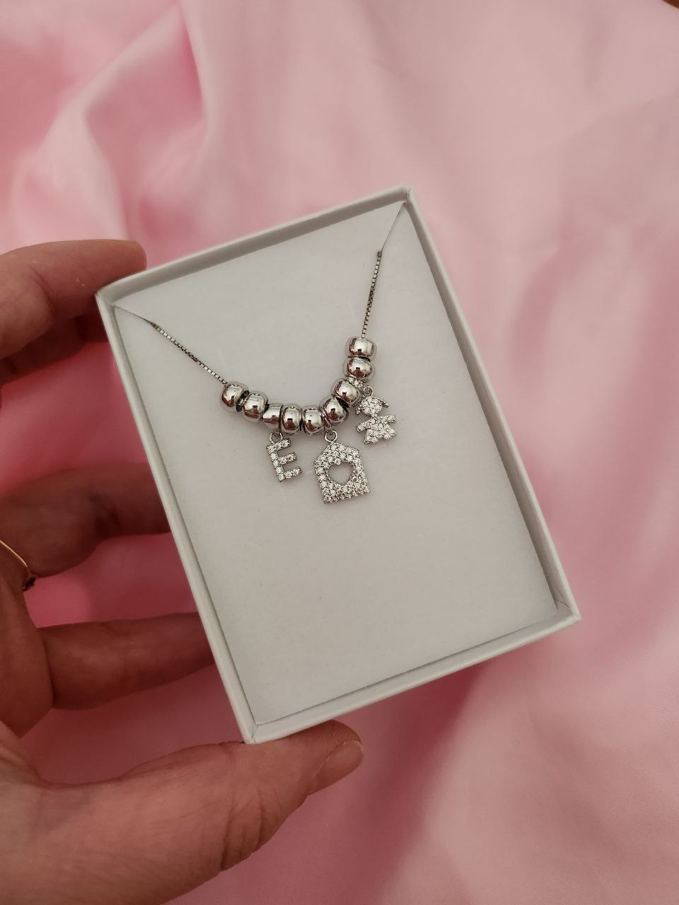Collana con lettera da personalizzare + casetta e bimbo/a - argento 925