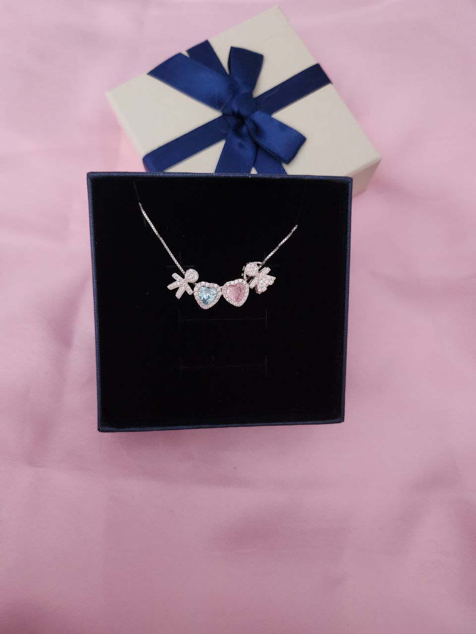 Collana con due bimbi e cuore acquamarina e rosa - argento 925