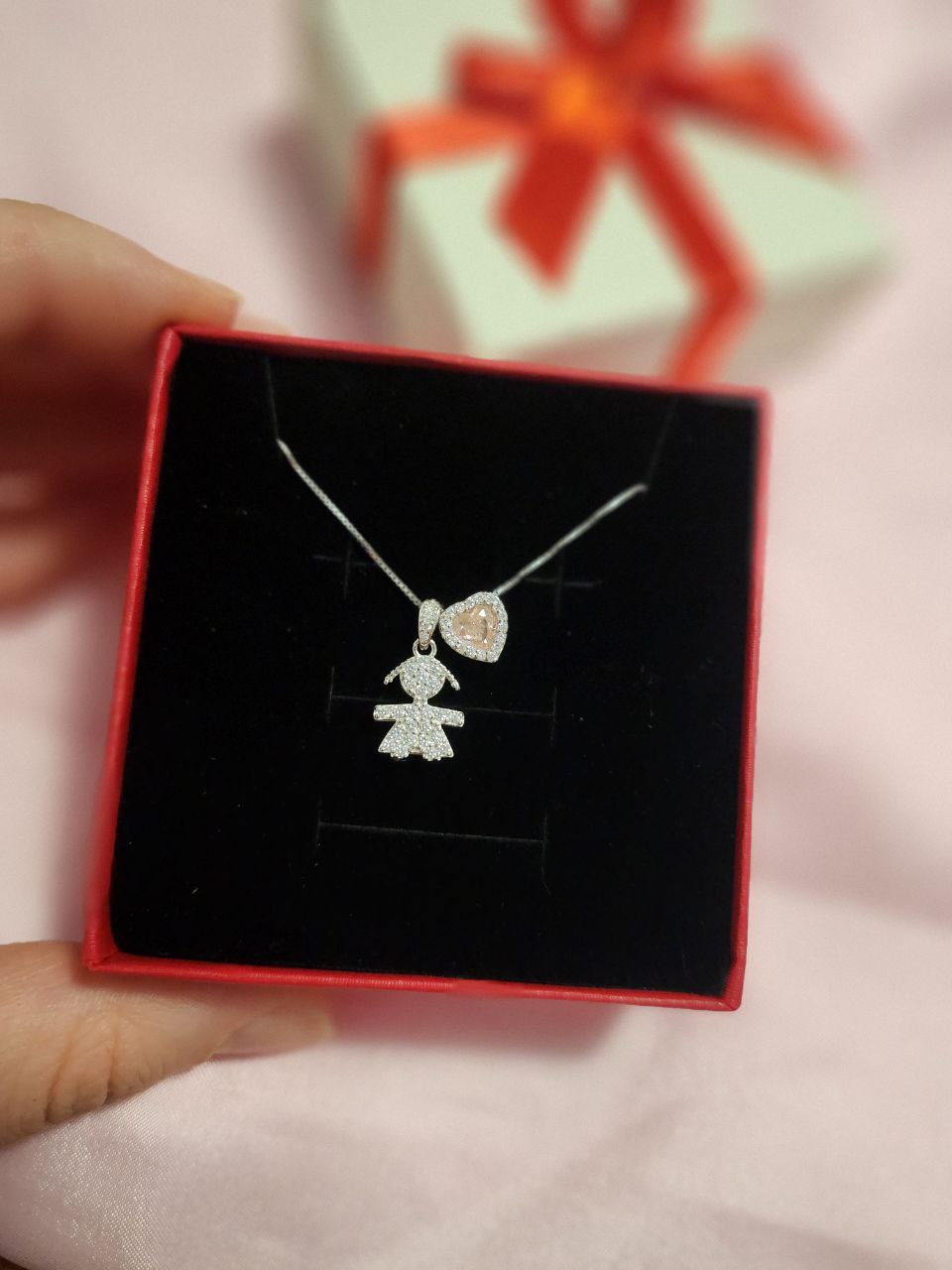 Collana con bimba maxi e cuore rosa - argento 925