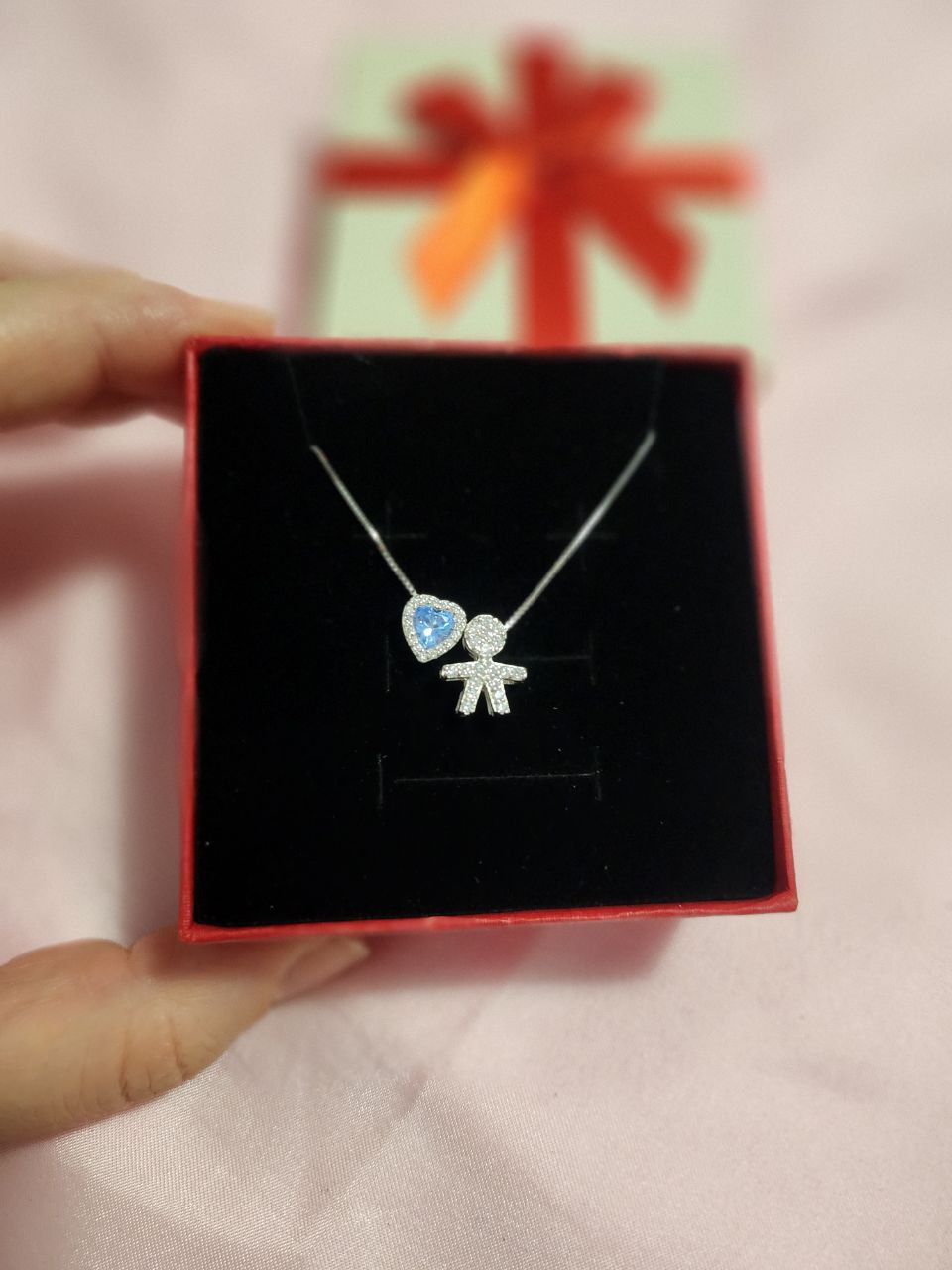 Collana con bimbo e cuore azzurro- argento 925