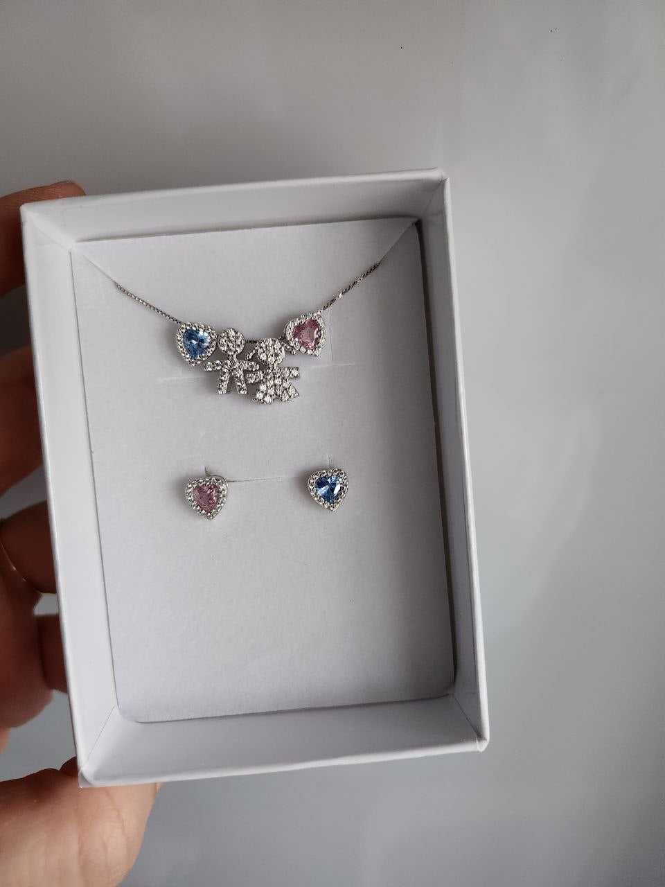 set collana con 4 ciondoli passanti e orecchini rosa e azzurro - argento 925
