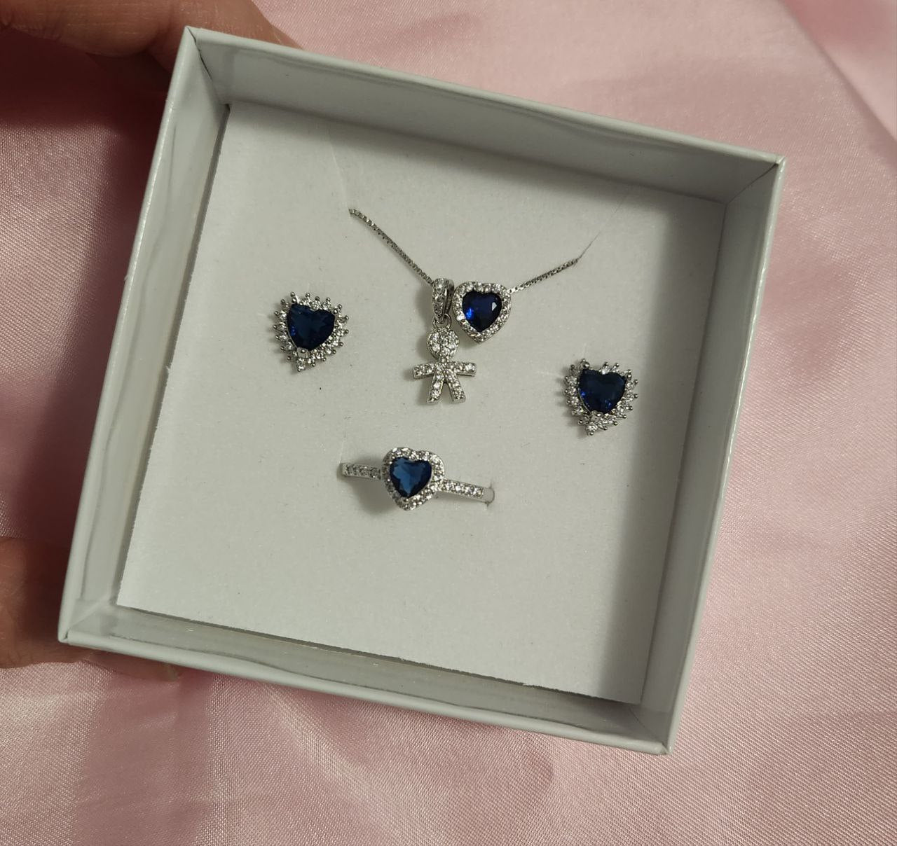 Set: collana con bimbo e cuore blu + orecchini cuore blu + anello cuore blu - argento 925