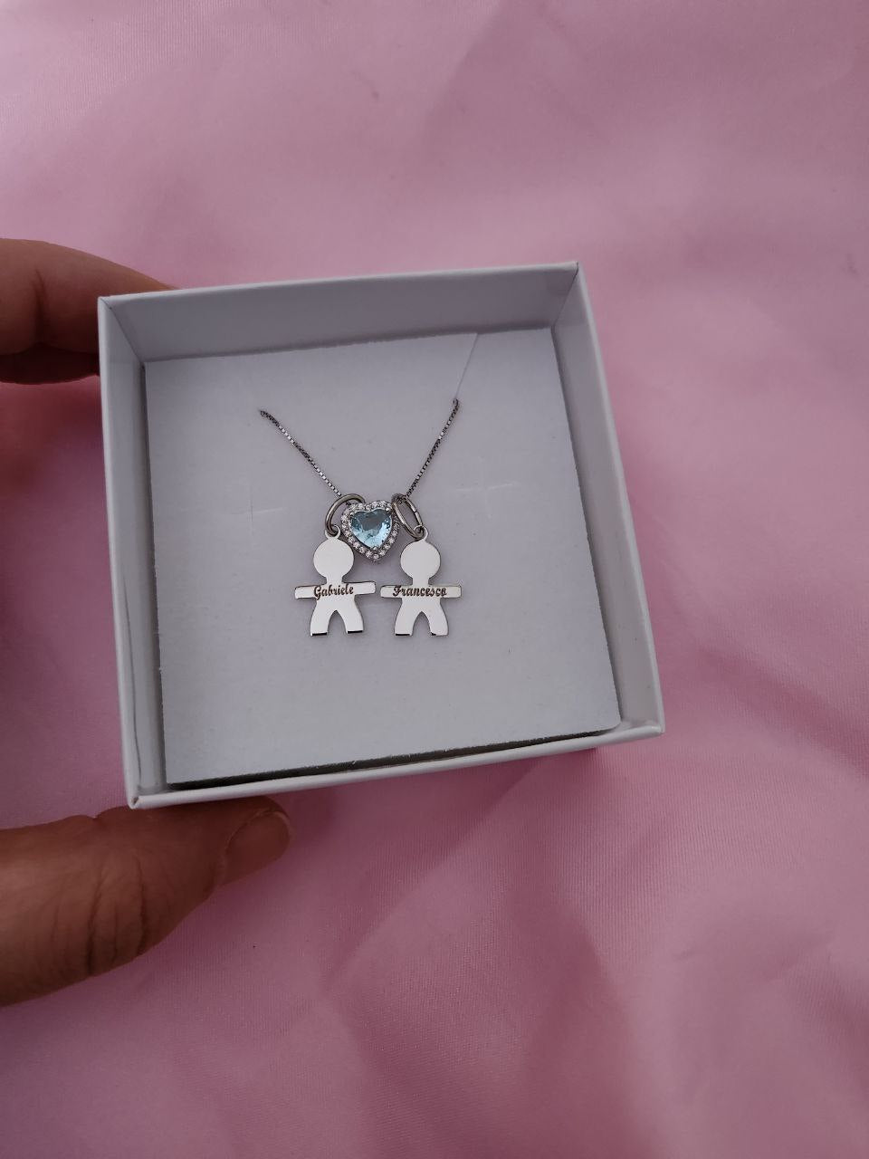Collana con due bimbi personalizzati e cuore passante acquamarina - argento 925